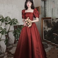 Burgundy satin long A line prom dress homecoming dress - Thumbnail 1