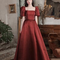 Burgundy satin long A line prom dress homecoming dress - Thumbnail 2