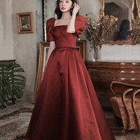 Burgundy satin long A line prom dress homecoming dress - Thumbnail 4