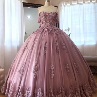 Off the shoulder stain quinceanera dress with lace appliques  - Thumbnail 2