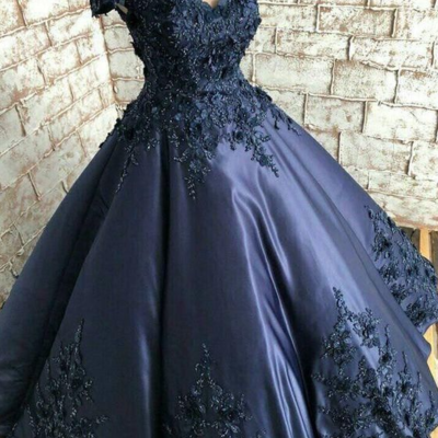 A line navy blue formal ball gown prom dress - Thumbnail 3
