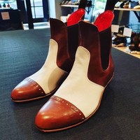 New Handmade Tan, White & Brown Genuine Leather Chelsea Boots For Men's - Thumbnail 4