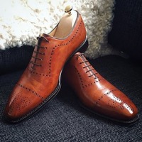 New Pure Handmade Brown Leather Lace up Dress Shoes for Men's - Thumbnail 4