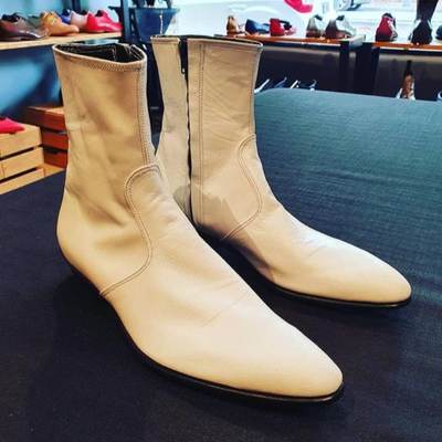New handmade pure white leather one side zip boots for men's