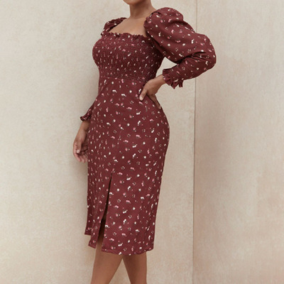 Printed Floral Long Sleeve Split Dress