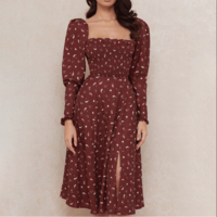 Printed Floral Long Sleeve Split Dress - Thumbnail 1