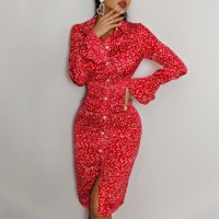 Women'S Printed Buttoned Slim Long Sleeve Dress - Thumbnail 1