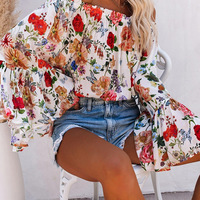 Printed Long-Sleeved Chiffon One-Shoulder Top - Thumbnail 2