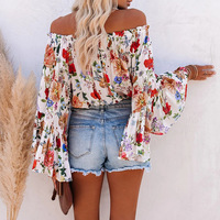 Printed Long-Sleeved Chiffon One-Shoulder Top - Thumbnail 3