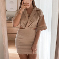 Solid Color Temperament Slim Lapel Bag Hip Dress - Thumbnail 2