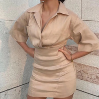 Solid Color Temperament Slim Lapel Bag Hip Dress - Thumbnail 1