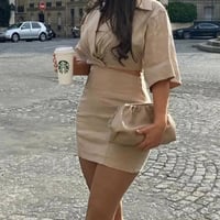 Solid Color Temperament Slim Lapel Bag Hip Dress - Thumbnail 3