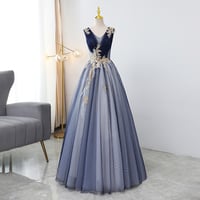 Blue v neck sequins long ball gown dress formal dress - Thumbnail 4