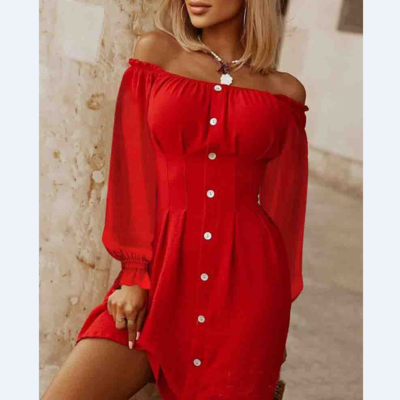 Red one-shoulder long-sleeved dress