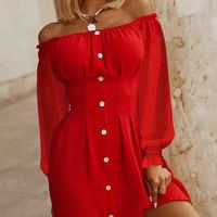Red One-Shoulder Long-Sleeved Dress - Thumbnail 1