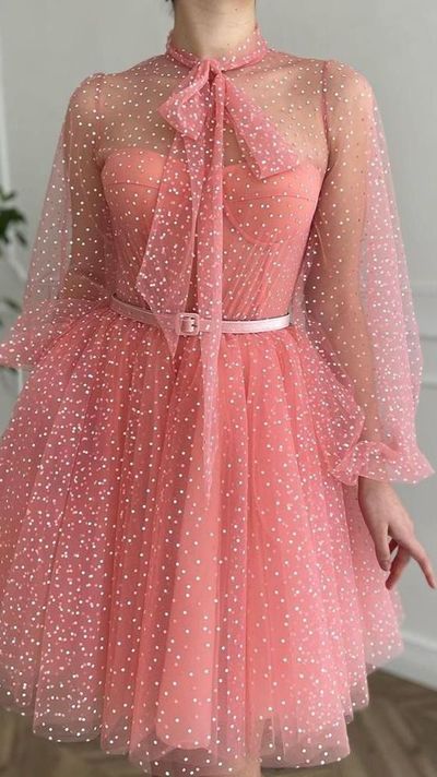 Cute A-Line Long Sleeve Coral Tulle Short Homecoming Dresses