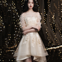 Champagne lace high low prom dress homeciming dress - Thumbnail 1