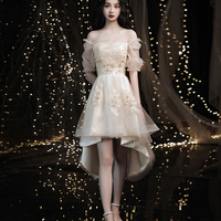 Champagne lace high low prom dress homeciming dress - Thumbnail 3