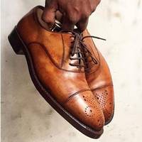 Pure Handmade Tan Genuine Leather Lace up Shoes for Men's - Thumbnail 1