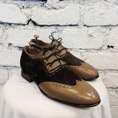Pure handmade brown suede & dark beige genuine leather lace up shoes for men's