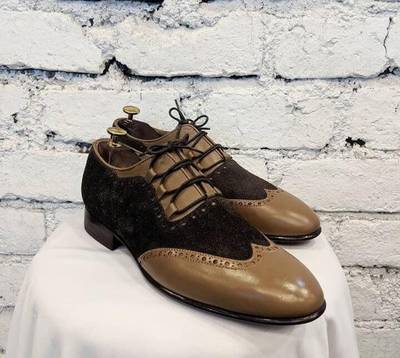 Pure Handmade Brown Suede & Dark Beige Genuine Leather Lace up Shoes for Men's