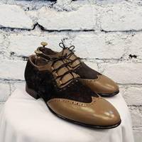 Pure Handmade Brown Suede & Dark Beige Genuine Leather Lace up Shoes for Men's - Thumbnail 1