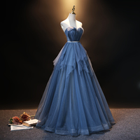 Blue tulle long A line prom dress blue evening dress - Thumbnail 2