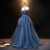 Blue tulle long A line prom dress blue evening dress - Thumbnail 3