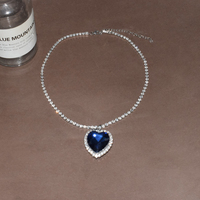 Deep Sea Ocean Blue Love Heart Sapphire Diamond Silver Chain Luxury European French Rhinestone Gemstone Pendant Necklace - Thumbnail 7