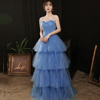 Blue tulle long A line prom dress blue evening dress - Thumbnail 1