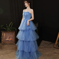Blue tulle long A line prom dress blue evening dress - Thumbnail 2
