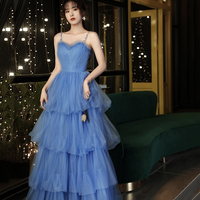Blue tulle long A line prom dress blue evening dress - Thumbnail 3