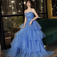 Blue tulle long A line prom dress blue evening dress - Thumbnail 5