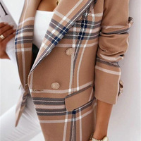 Fashion Long-Sleeved Double-Breasted Plaid Print Coat - Thumbnail 2