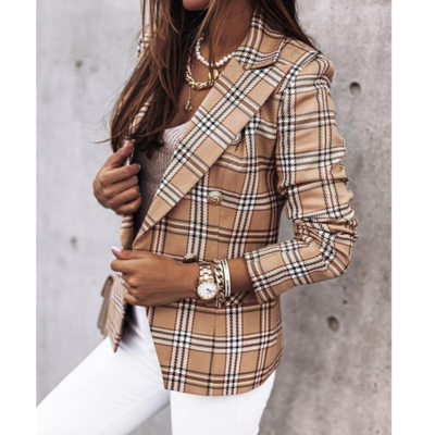 Fashion long-sleeved double-breasted plaid print coat
