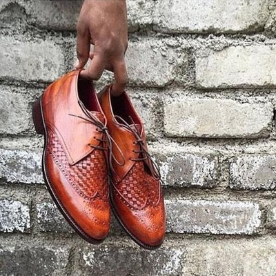 Pure handmade brown genuine leather lace up shoes for men's