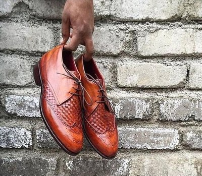 Pure Handmade Brown Genuine Leather Lace up Shoes for Men's