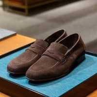 New Handmade Pure Brown Suede Leather Stylish Loafer Shoes for Men's - Thumbnail 1