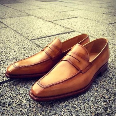 New pure handmade tan leather loafer tie moccasin shoes for men's