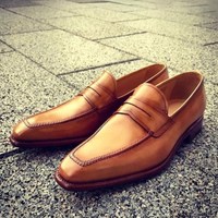 New Pure Handmade Tan Leather Loafer Tie Moccasin Shoes for Men's - Thumbnail 4
