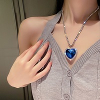 Deep Sea Ocean Blue Love Heart Sapphire Diamond Silver Chain Luxury European French Rhinestone Gemstone Pendant Necklace - Thumbnail 6