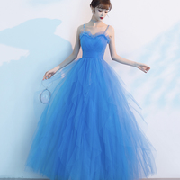 Blue tulle long A line prom dress blue evening dress - Thumbnail 1