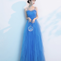 Blue tulle long A line prom dress blue evening dress - Thumbnail 2