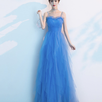 Blue tulle long A line prom dress blue evening dress - Thumbnail 3