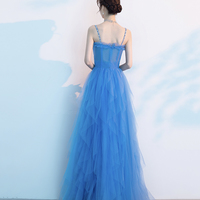 Blue tulle long A line prom dress blue evening dress - Thumbnail 5