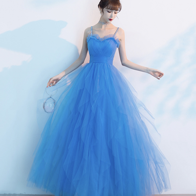 Blue tulle long a line prom dress blue evening dress - Thumbnail 4