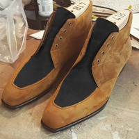 Classic Hand Stitch Brown Black Suede Ankle High Lace Up Boot - Thumbnail 1