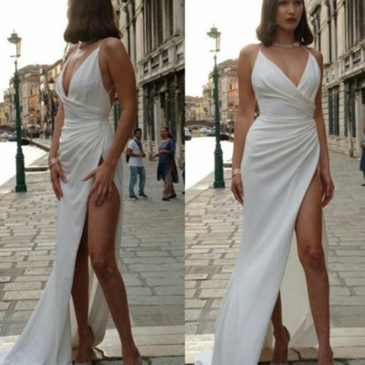 V neck ivory satin long prom dresses,evening dresses - Thumbnail 3