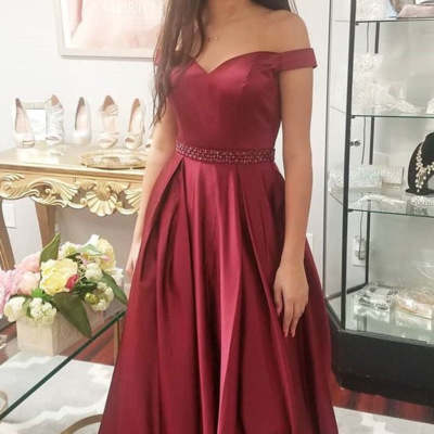 Off shoulder a-line prom dresses with beading - Thumbnail 2