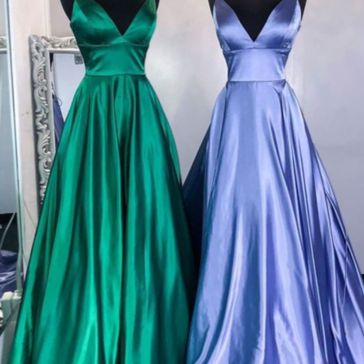 Simple a line v neck long prom dress evening dress - Thumbnail 3